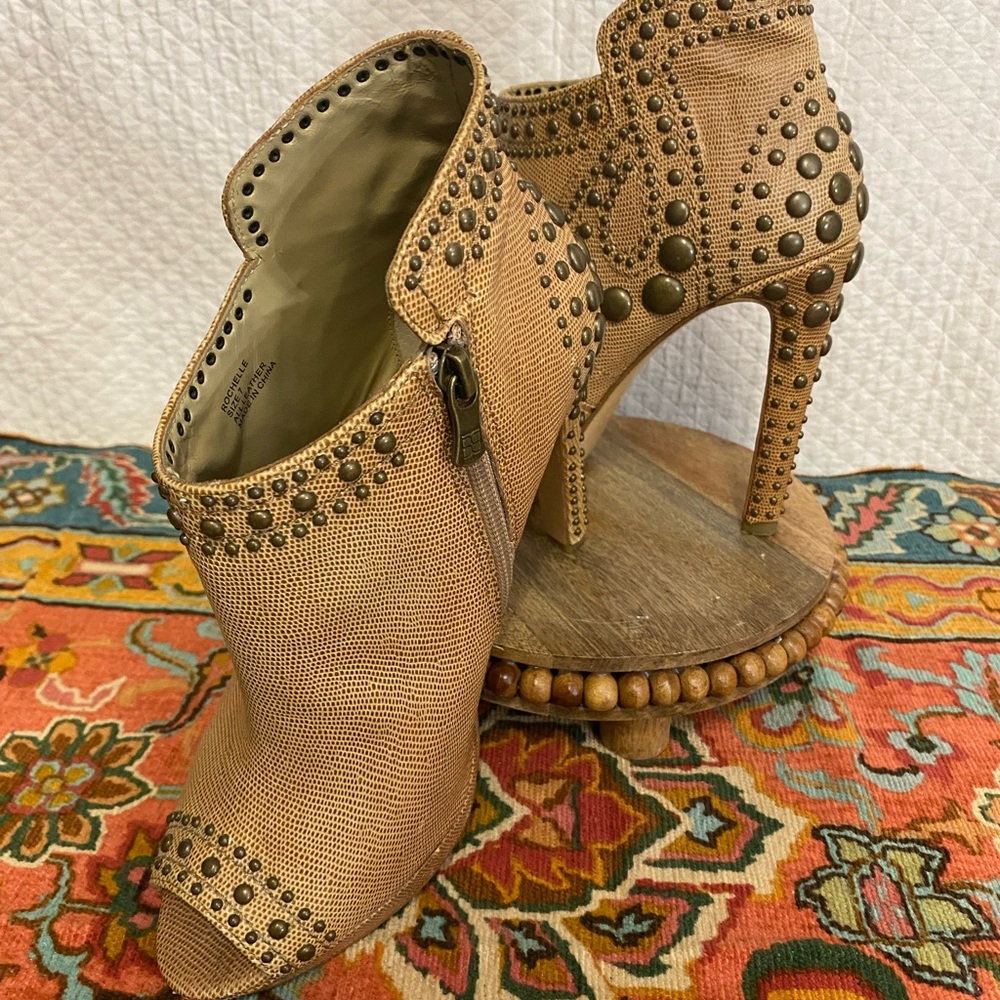 Studded Tan Peep-Toe Ankle Boots